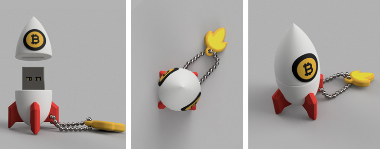 USB-флешка в виде ракеты с логотипом Биткоина